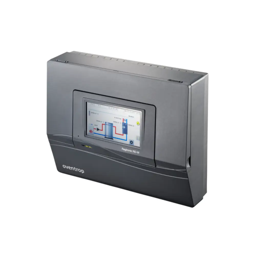 Systemregler von Oventrop mit Touchdisplay zur Anbindung von Wohnungsstationen an die Wärmeversorgung. Anzeige von Temperatur- und Systeminformationen.